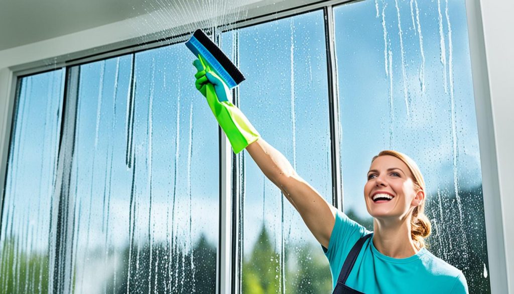 Stretching woman cleaning windows