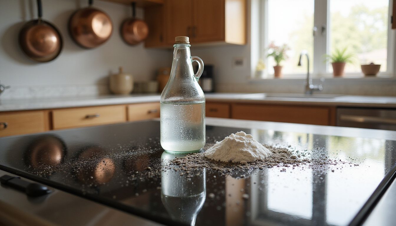 Een glazen kookplaat met schoonmaakmiddelen en aangekoekte resten. Een glazen kookplaat met schoonmaakmiddelen en aangekoekte resten.