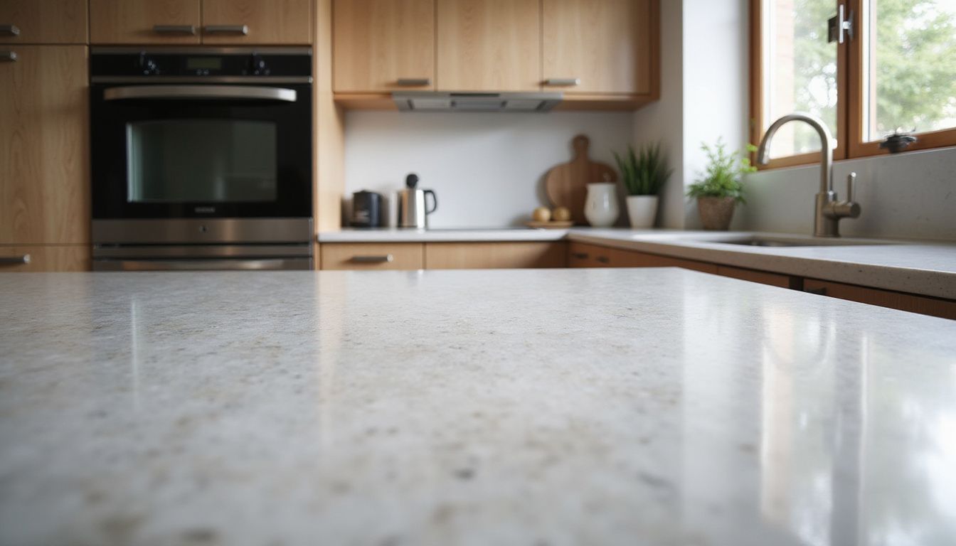 Een luxe, opgeruimde keuken met een gepolijste quartz aanrecht. Een luxe, opgeruimde keuken met een gepolijste quartz aanrecht.