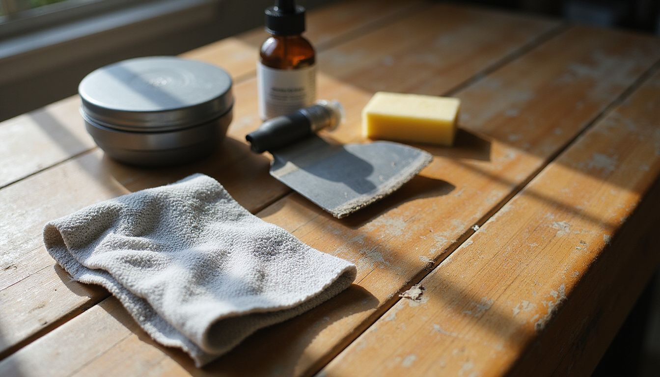 Een close-up van schoonmaakmiddelen op een verweerd houten tafel.