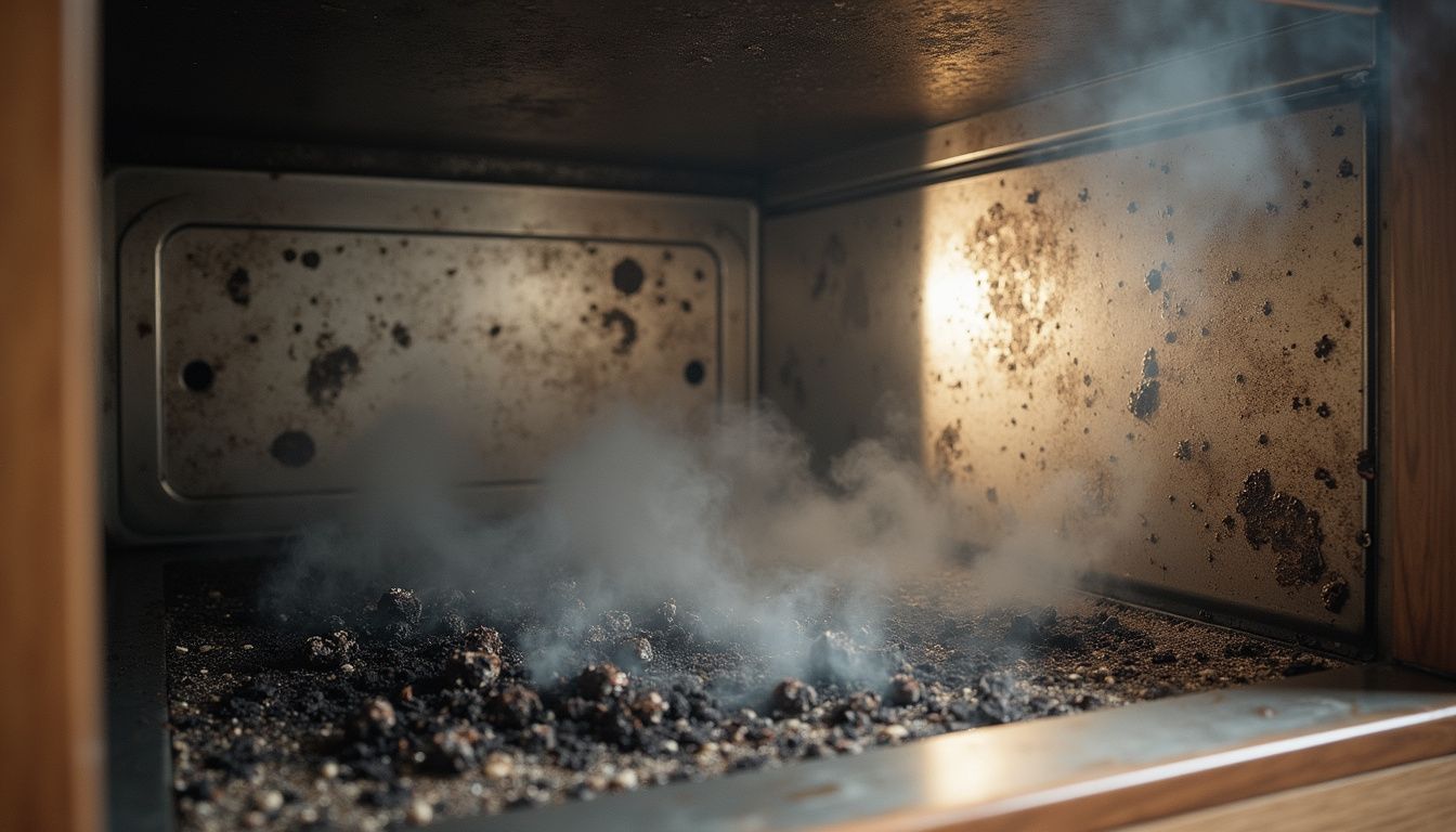Versleten oveninterieur met vuil en rookresten na recent gebruik.