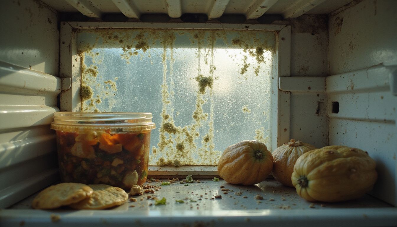 Een verwaarloosde koelkast vol met voedselresten en schimmel.