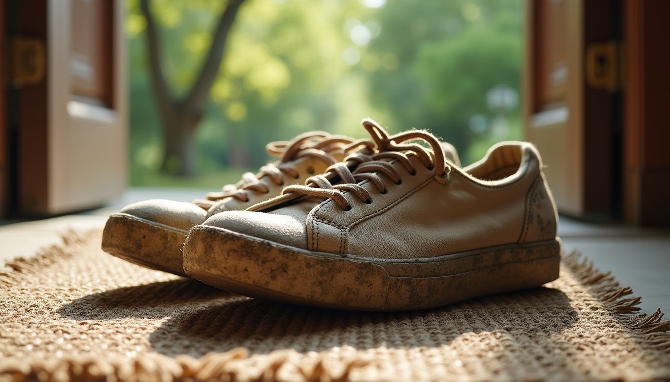 Versleten sneakers liggen op een verweerde deurmat buiten.