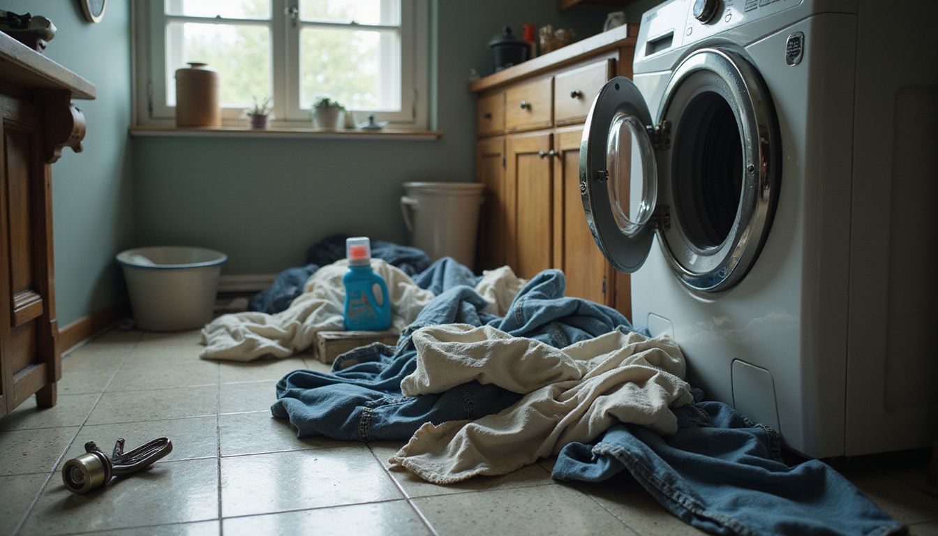 Een rommelige wasruimte vol met kleding en schoonmaakmaterialen.