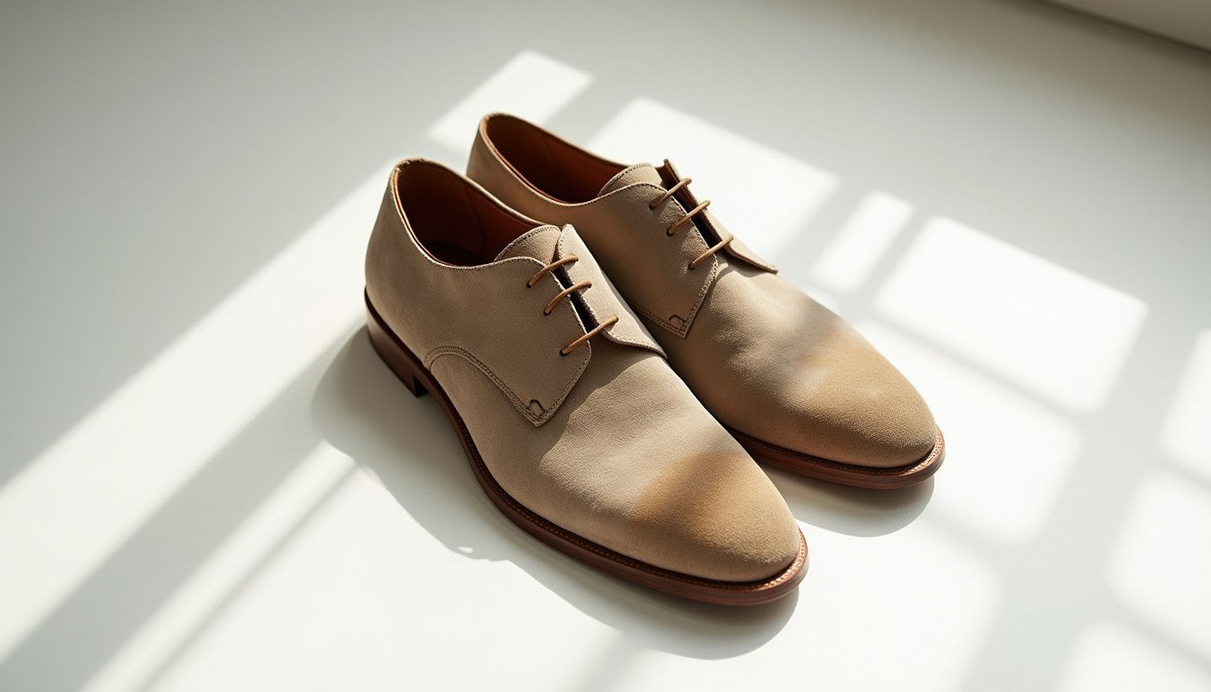 Versleten suède schoenen op een witte matte ondergrond.