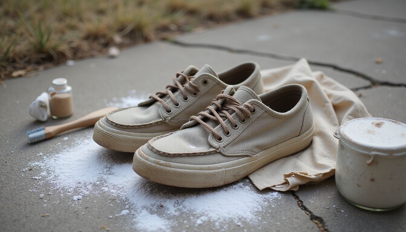 Een paar versleten sneakers met schoonmaakspullen op ruwe betonvloer.